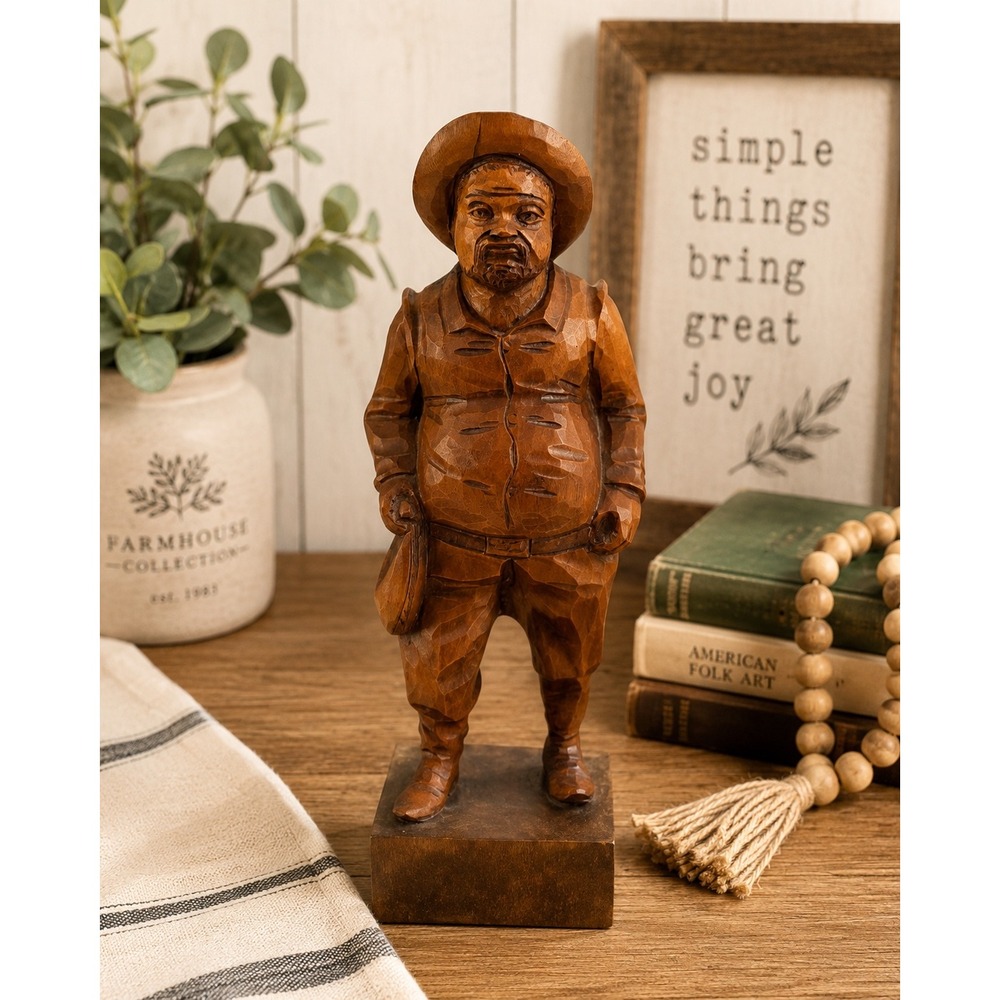 Vintage Hand Carved Wood Man Figurine Folk Art Statue Brown 11.5 Inch Sculpture
